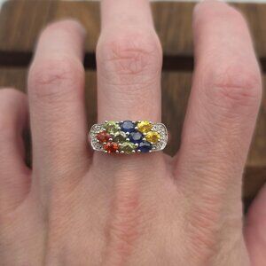 Size 11 Sterling Silver Various Color Topaz Gems Ring A1255